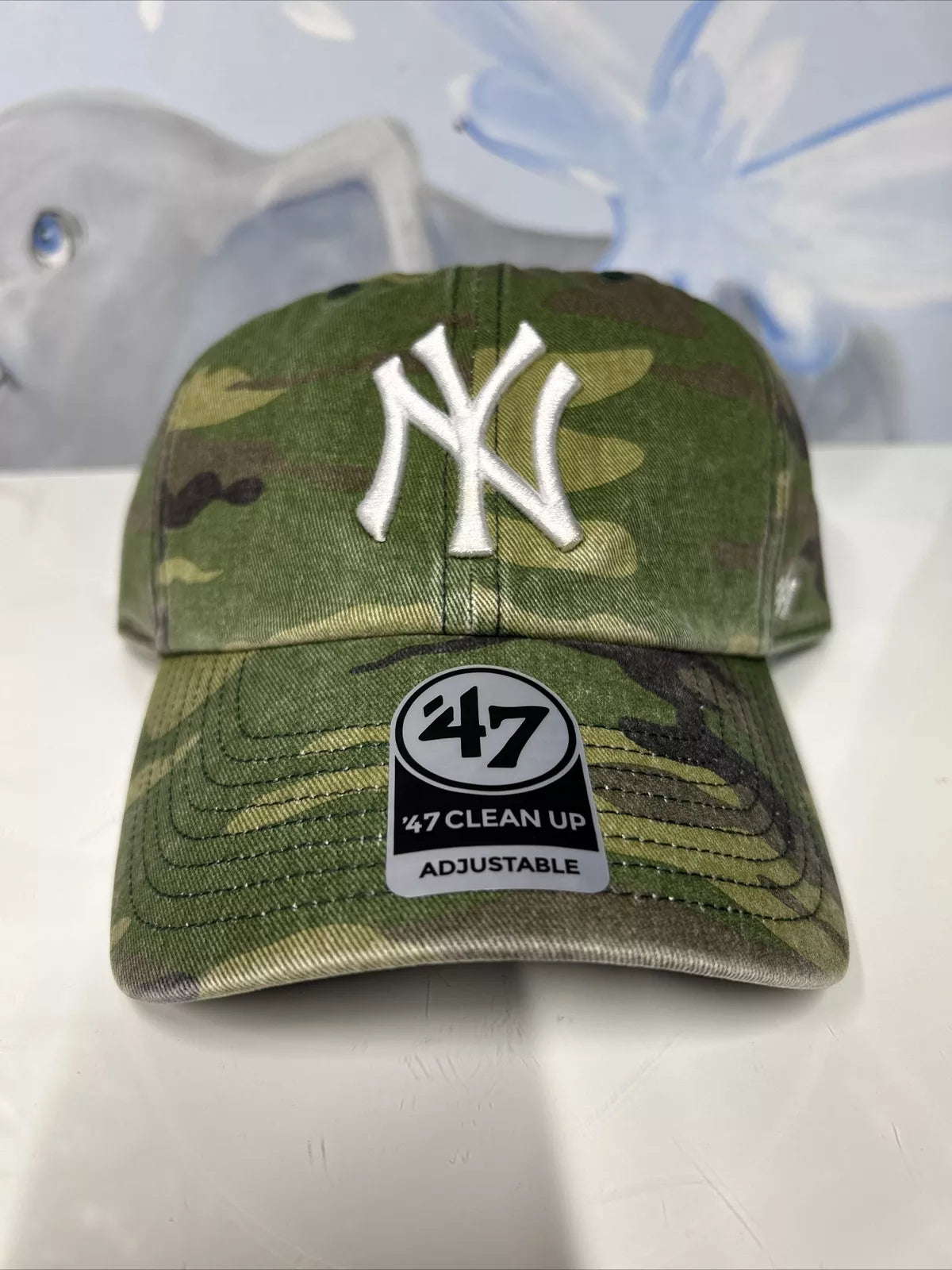 '47 New York Yankees Clean Up Washed Camo White Logo Adjustable Strap Hat Cap