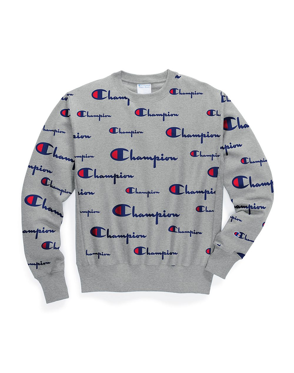 Champion Life Men's Reverse Weave® Crew, All-over Logo Multi Scale Script Oxford Grey - City Limit NY