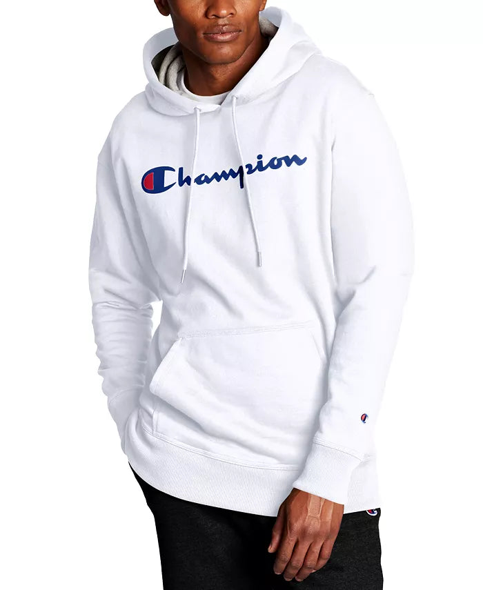 Champion Men's White Script Logo Powerblend Hoodie