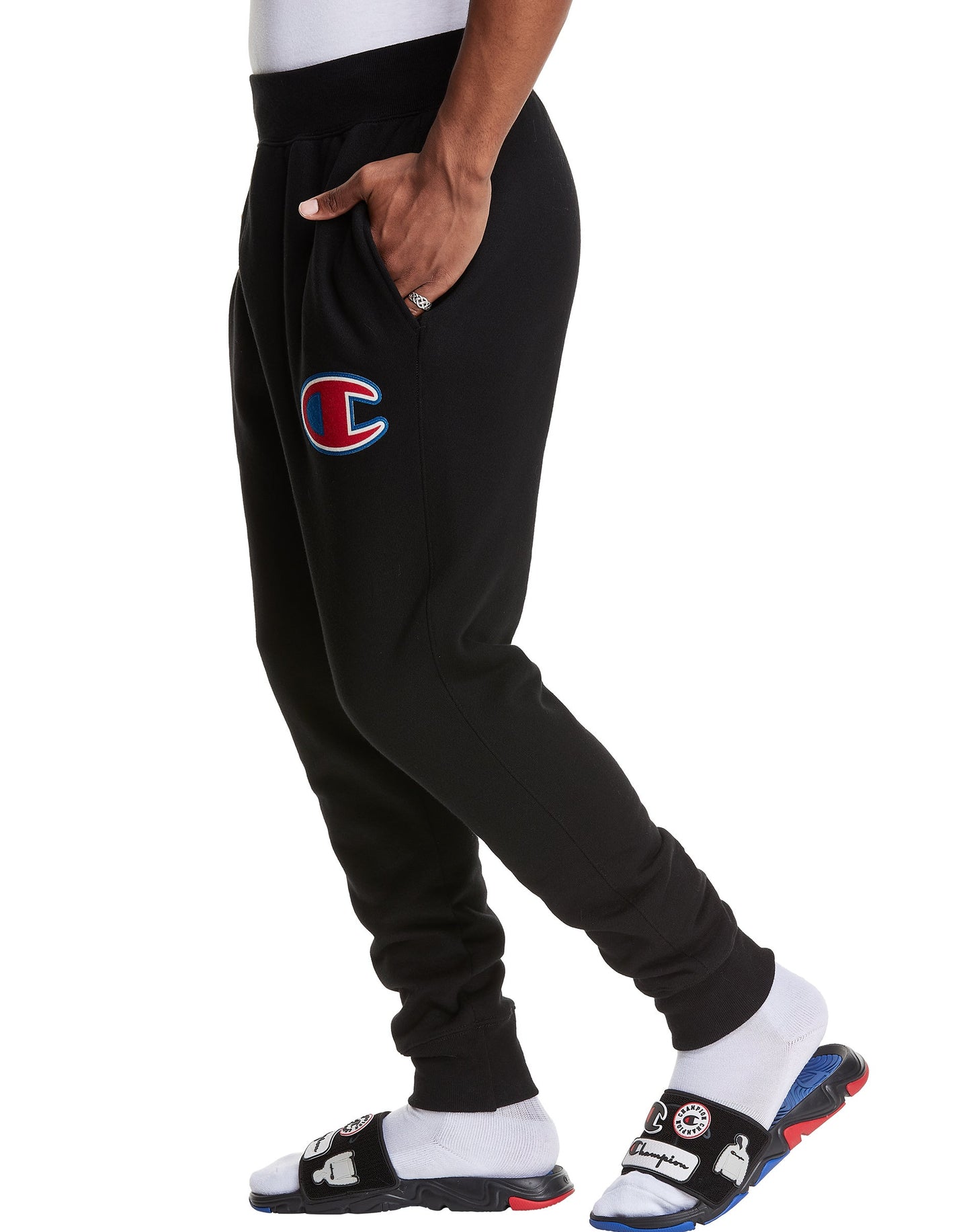 Mens Champion Life Reverse Weave Black Joggers Logo Applique