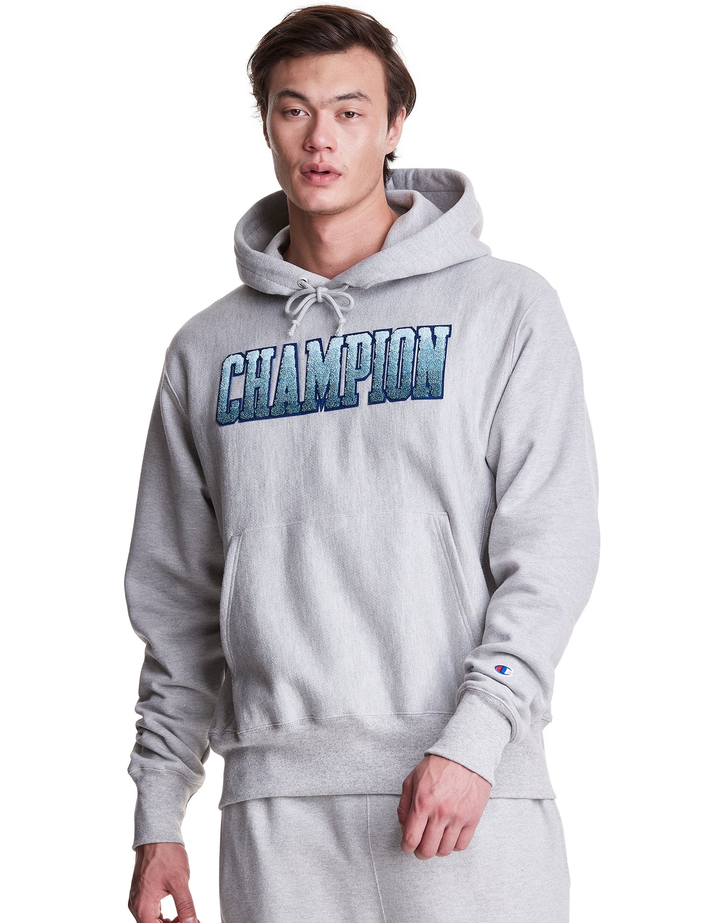 Men`s Champion Life Oxford Grey Reverse Weave Hoodie Ombre Block Applique Logo