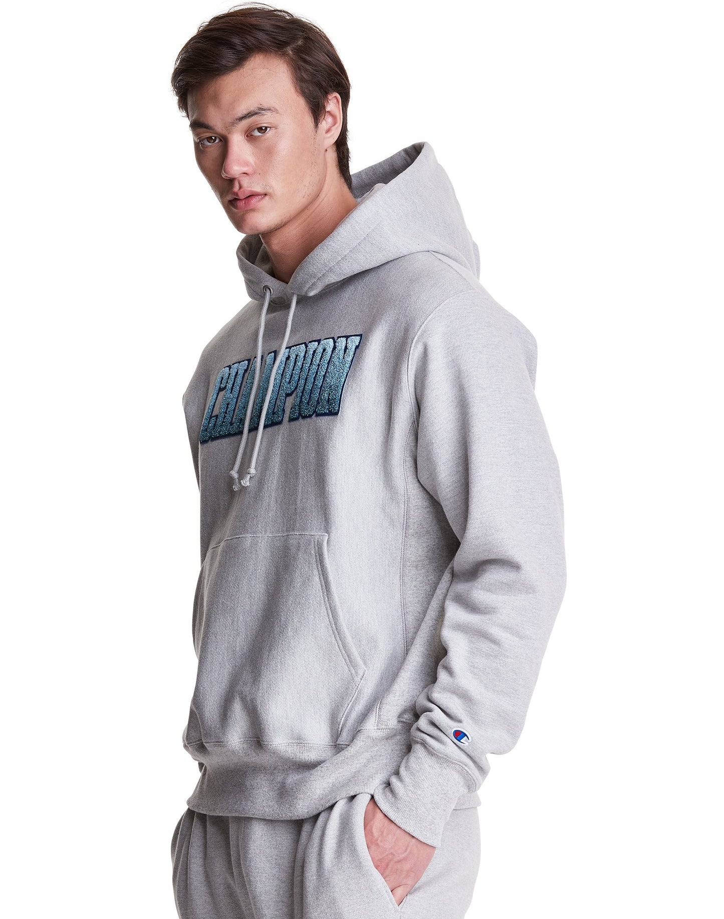 Men`s Champion Life Oxford Grey Reverse Weave Hoodie Ombre Block Applique Logo