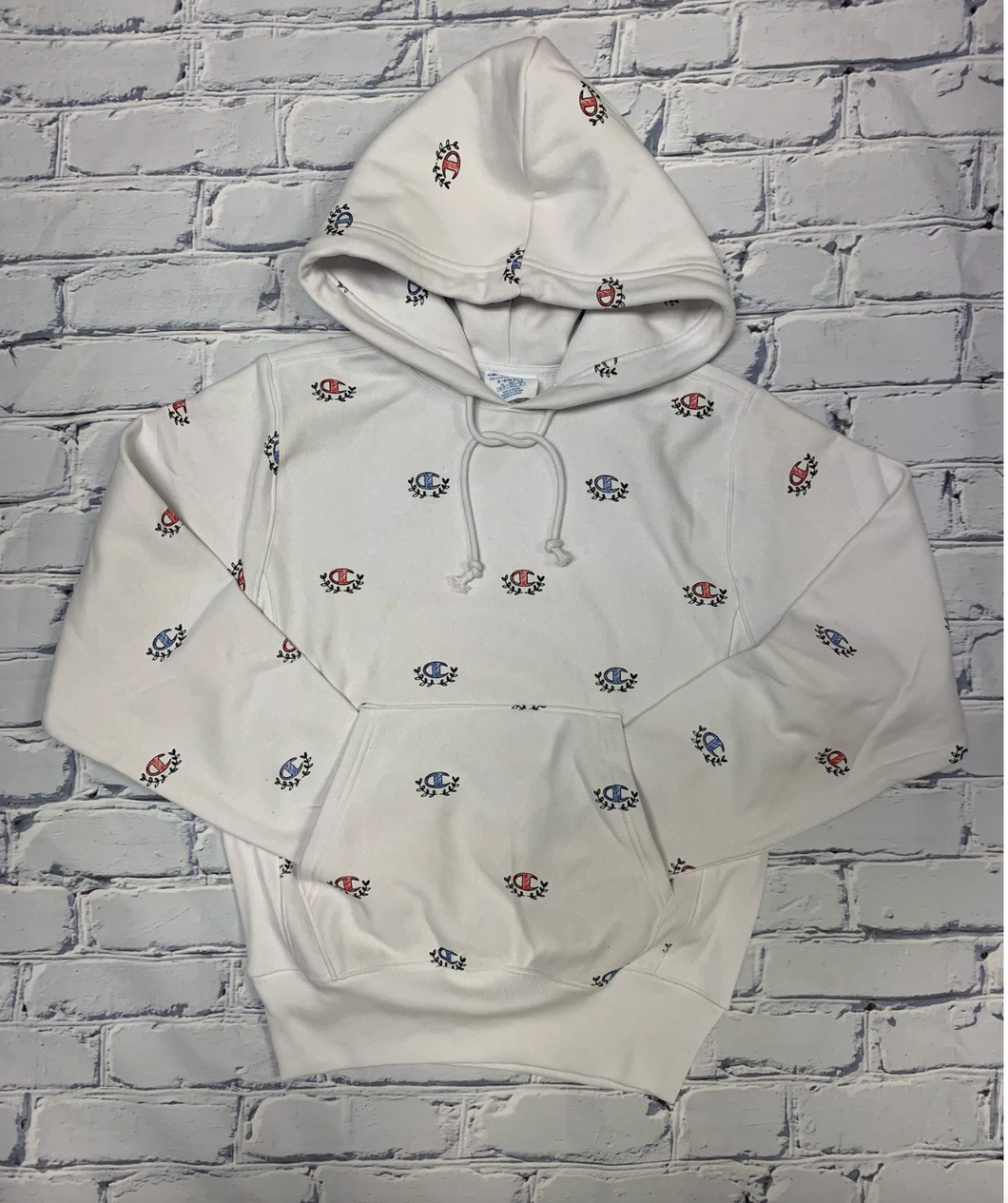 Champion Men s Reverse Weave White Hoodie SKETCH LAUREL C ALL OVER