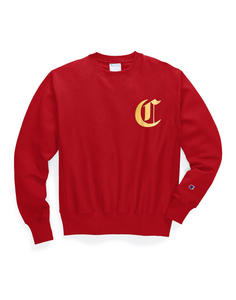 Champion Men's Life® Men's Reverse Weave® Crew, Old English Lettering Team Red Scarlet - City Limit NY