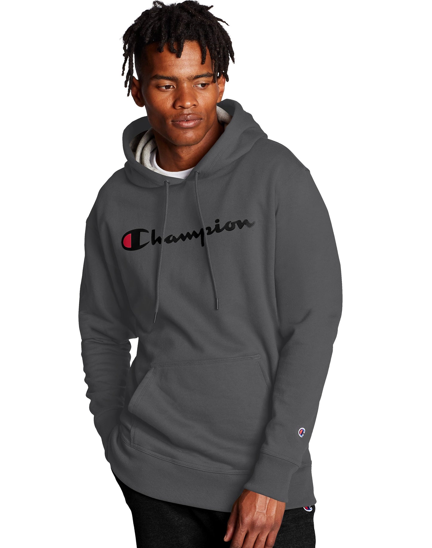 Champion Men's Powerblend Pullover Hoodie, Script Logo Granite Heather