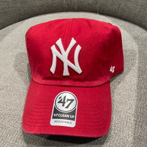 New York Yankees `47 Brand Red Clean Up Adjustable Hat with Sky Blue Brim