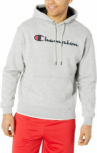 Champion Men's Powerblend Pullover Hoodie, Script Logo Oxford Grey