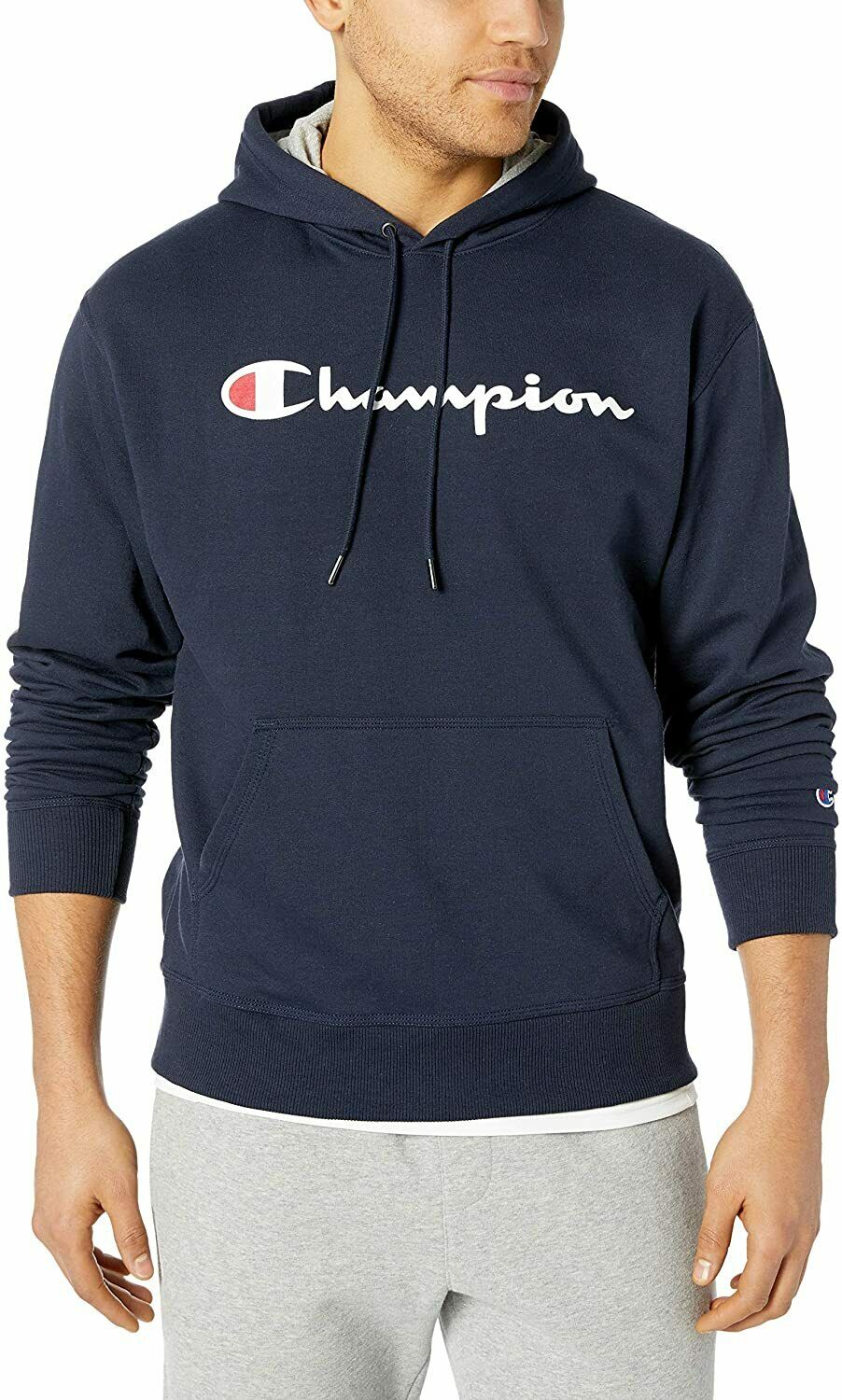 Champion Men's Powerblend Pullover Hoodie, Script Logo Navy